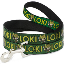 Load image into Gallery viewer, Kawaii LOKI Standing Pose/Text Green/Yellow Dog Leash