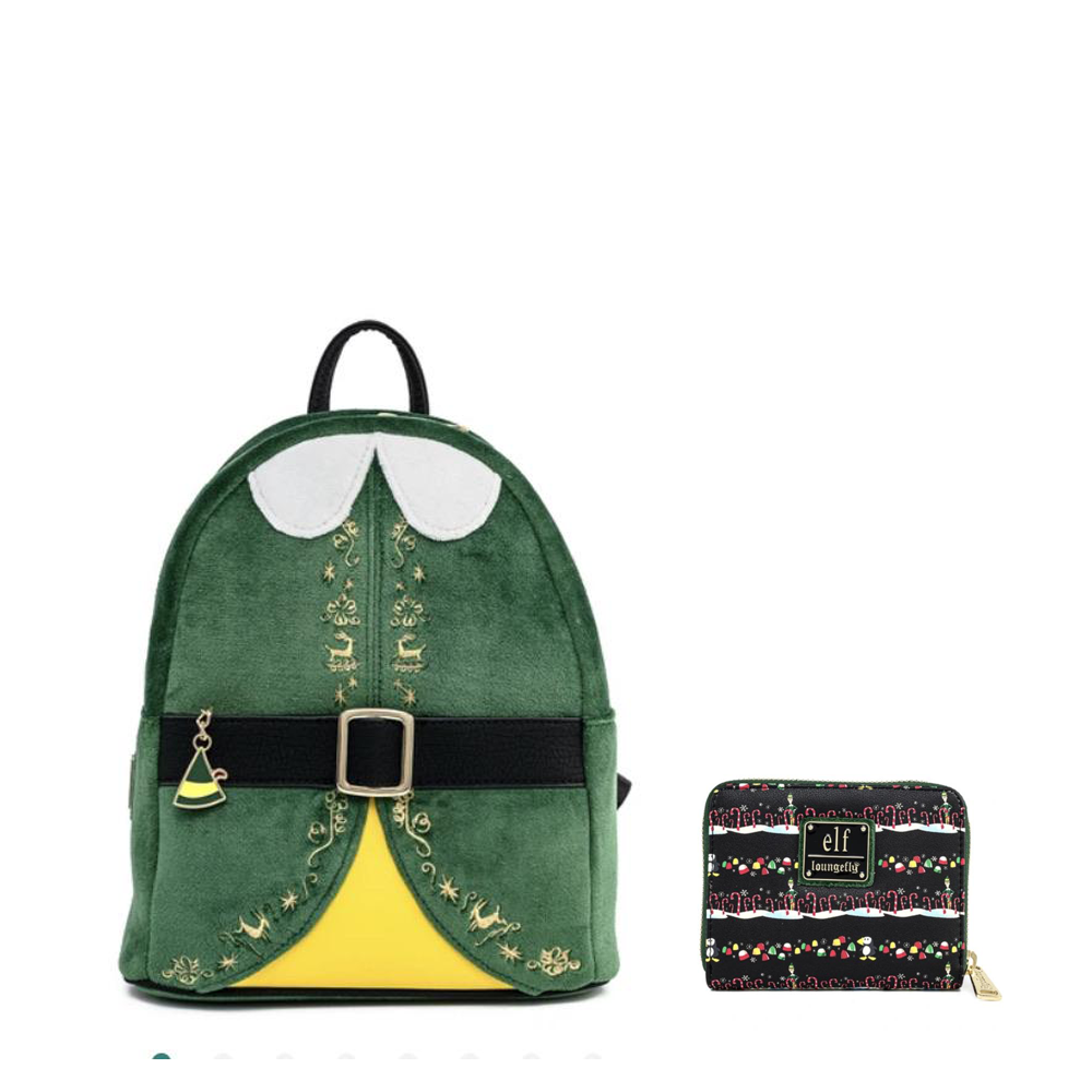 candy cane loungefly mini backpack Loungefly Elf Buddy Cosplay Mini Backpack and Candy Cane Forest Wallet – The Line Jumper